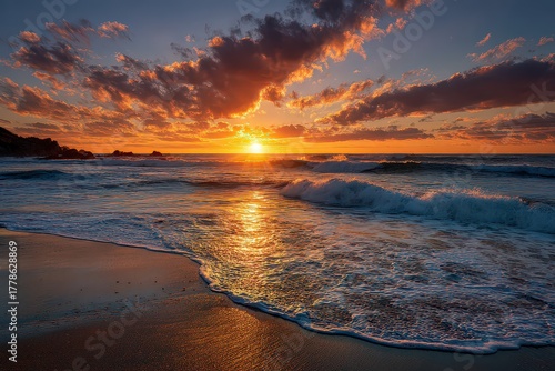 Vibrant Sunset Over Ocean Waves Golden Hour Lighting on Shoreline