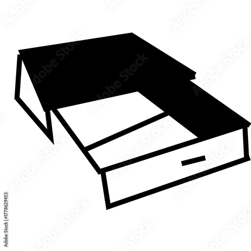 Simple vector illustration of a storage box with a sliding drawer, minimal black and white design, isolated on white background.