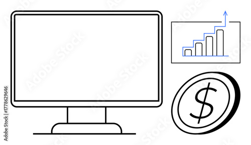 Computer monitor, upward bar graph, and dollar coin portraying financial growth, data analysis, and online transactions. Ideal for finance, business, tech, economics investment banking success