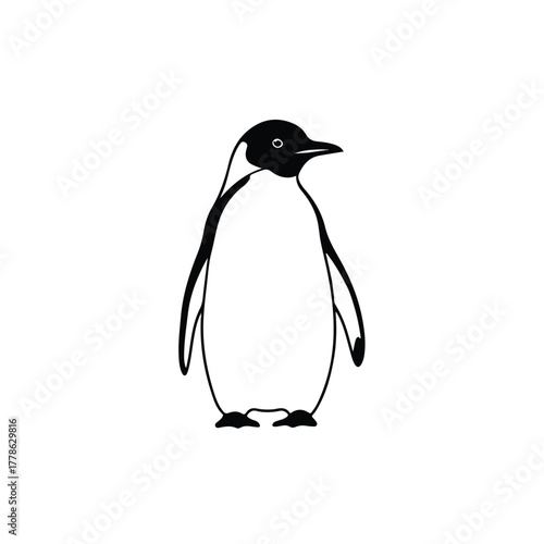 Minimalist black and white illustration of a charming emperor penguin, capturing the essence of cold climate wildlife and natural beauty in a simple graphic design concept