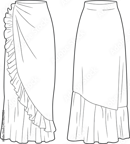 Long ruffle skirt with draped front design, layered hem, back view detail, CAD drawing fashion flat vector illustration template