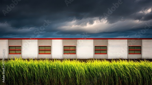 Weathered Building with Red Trim and Windows Under Dark Stormy Sky above Yellow Field