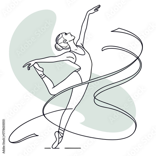 Elegant ballerina dancing with ribbon on light green