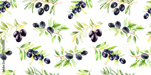 watercolor olives Seamless pattern on white background black berries with leaves for fabric design, rustic kitchen textiles, packaging and botanical print projects