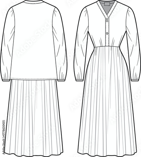 Long sleeve V-neck pleated midi dress flat sketch, front and back view, fashion CAD drawing, vector garment illustration template
