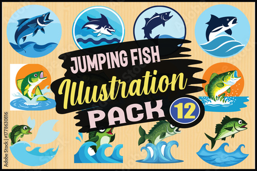 Delightful jumping fish illustration pack for designs