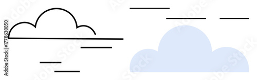 Dual-style cloud design with one outlined and one filled with soft blue. Minimal horizontal line accents. Ideal for weather, simplicity, creativity, minimalism, nature, technology, calm simple flat