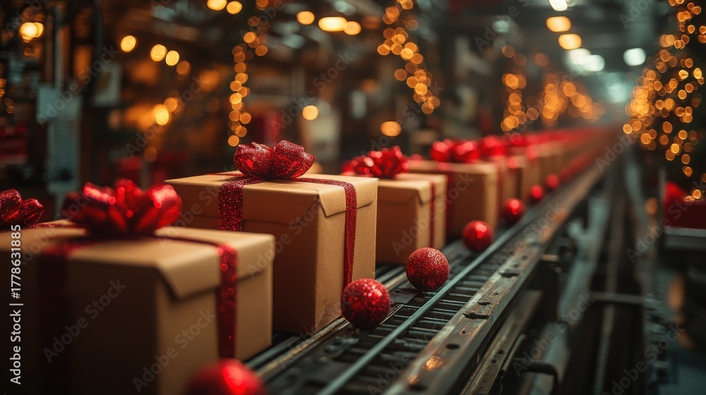 Fototapeta premium Festive conveyor belt transporting neatly wrapped gift boxes amidst a vibrant Christmas ambiance filled with twinkling lights and holiday decorations
