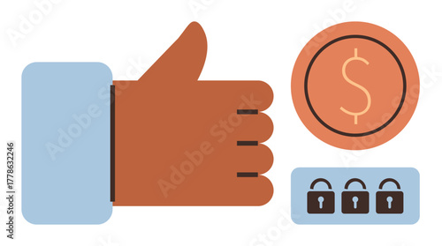 Thumbs-up hand symbol, orange dollar coin, and three locked padlocks. Ideal for finance, security, trust, approval, savings online transactions digital protection. Simple flat metaphor