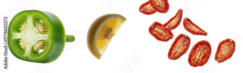 Jalapeno pepper cross section lemon slice and sun dried tomato halves arranged on transparent background for healthy food preparation cooking ingredients