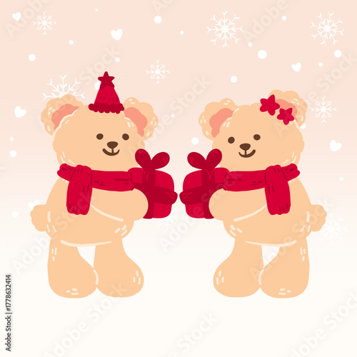 Cute Couple Teddy Bears and Christmas Gifts in Winter Greeting Card Template