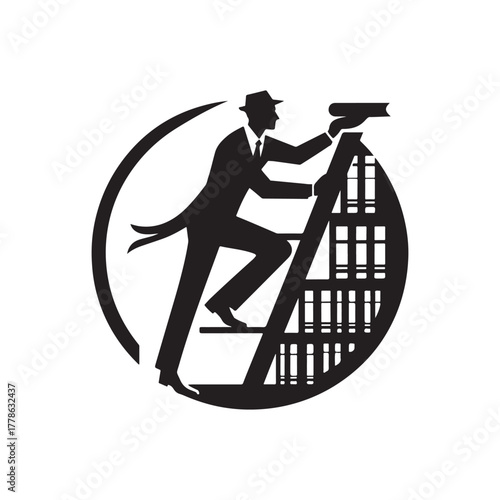 librarian climbing ladder vector silhouette clip art logo design illustration