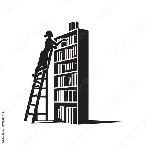 librarian climbing ladder vector silhouette clip art logo design illustration