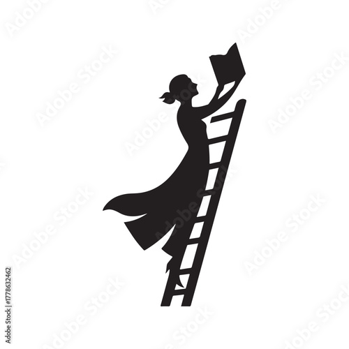 librarian climbing ladder vector silhouette clip art logo design illustration
