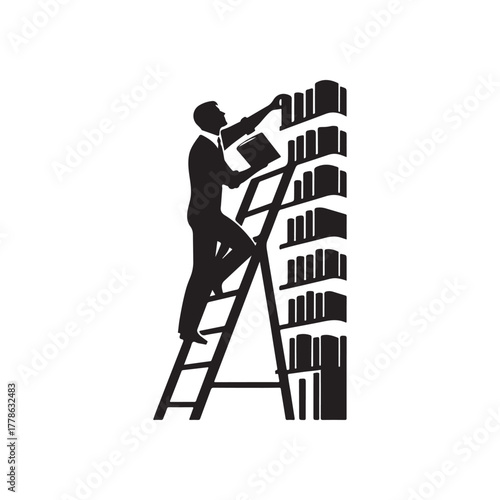 librarian climbing ladder vector silhouette clip art logo design illustration