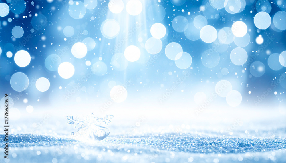 Fototapeta premium Christmas lights in winter landscape with snow, lights bokeh blurred background.