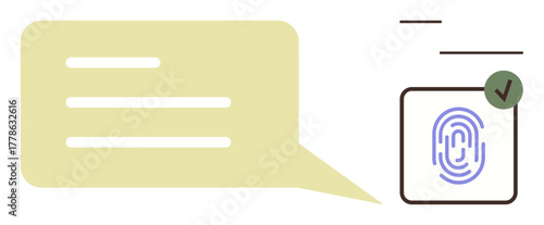 Speech bubble and fingerprint scanner with verification checkmark. Ideal for authentication, security, technology, identity, privacy, data protection, communication. Simple flat metaphor