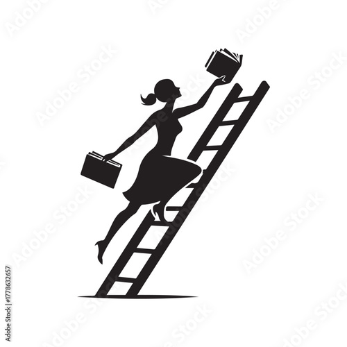 librarian climbing ladder vector silhouette clip art logo design illustration