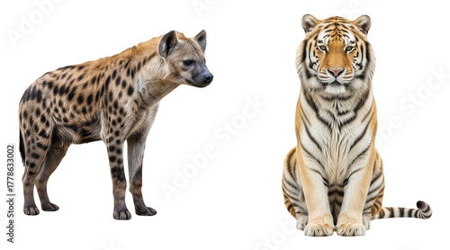 Spotted Hyena standing next to a majestic seated Bengal Tiger face and body isolated on transparent background wildlife contrast concept big cats predators