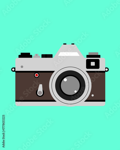 A flat design illustration of a vintage film camera with a brown body and grey top on a vibrant teal background.
