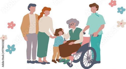 介護施設に住む車椅子の高齢者に面会にきたお母さん、お父さん子供のベクターイラスト素材 Vector illustration of a mother, father, and child visiting their elderly parent in a nursing home who uses a wheelchair.