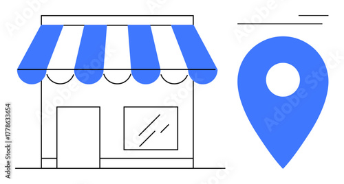 Minimal storefront with striped awning, window, and door beside a blue location pin. Ideal for local business promotion, navigation, stores, retail, e-commerce maps and marketing. Simple flat