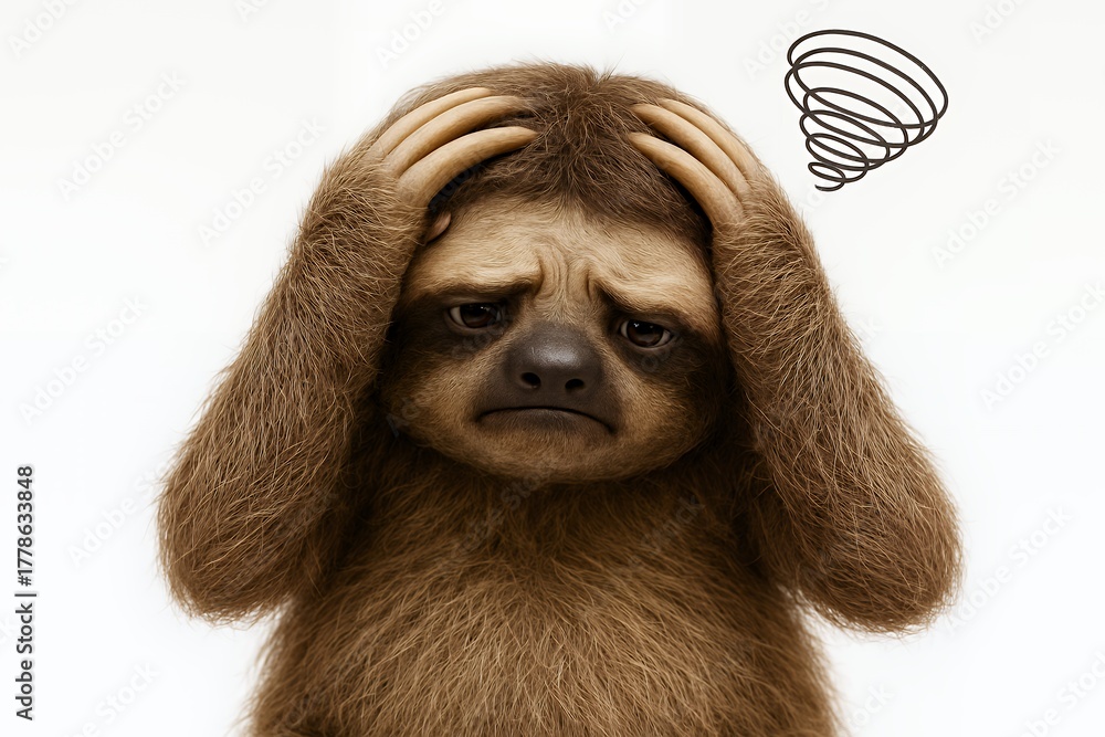 Naklejka premium Worried Scene of a Sloth Holding Its Head