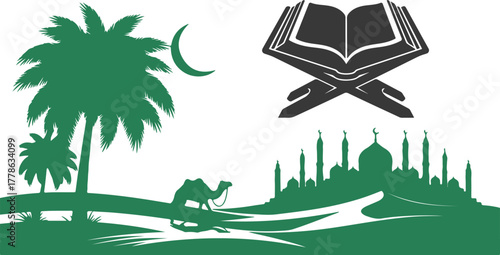 Silhouette of desert landscape with palm trees camel mosque and crescent moon