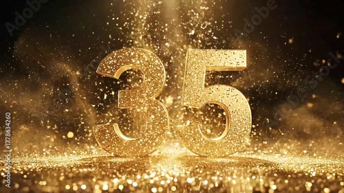 Golden Number 35 Emerges from Sparkling Glitter Particles.