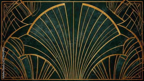 dark emerald and black background with golden art deco lines and symmetrical patterns, vintage luxury aesthetic