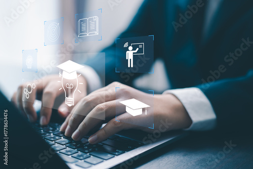 Concept of online education, training digital courses, e-learning platforms on internet supports personal development, helps gain professional qualifications, enables learners to develop new skills.