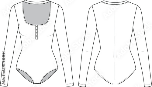 Long sleeve bodysuit technical flat, front and back view, vector cad fashion drawing, button closure, scoop neckline illustration, sketch