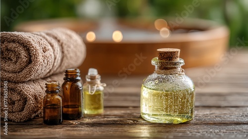 Tranquil Spa Setting with Essential Oils and Soft Towels