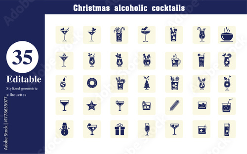 Stylized Geometric Silhouettes Vector Collection Featuring 35 Alcoholic Cocktails