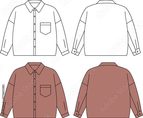 Long sleeve button down shirt flat sketch, front and back views, pocket detail, vector fashion illustration, brown and white design