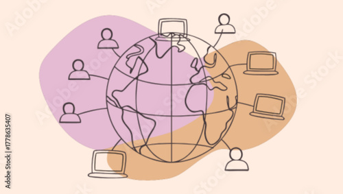 Line art illustration of a global network with people and computers