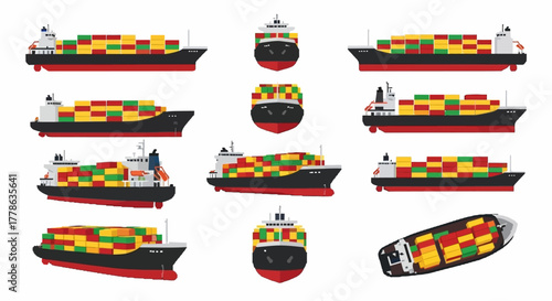 Collection of cargo ships and containers in various views and angles on white background