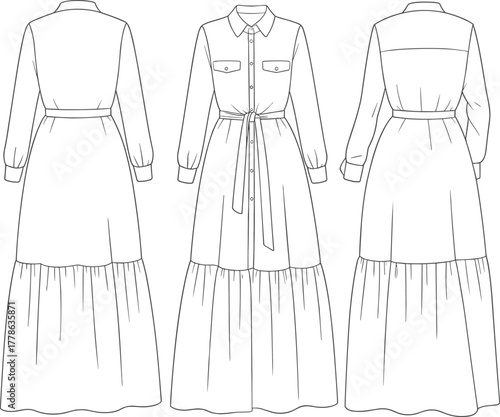 Long tiered maxi shirt dress, belted waist, button down front, puff sleeve, fashion flat cad drawing vector illustration