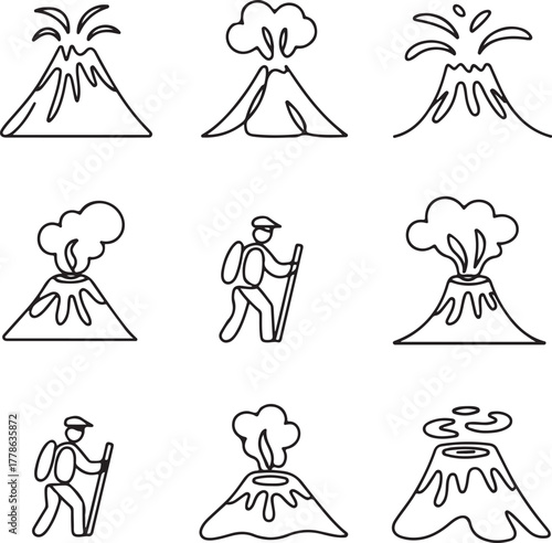 Volcano icon set, line art, outline, vector, eruption, lava, mountain, hiker, smoke, magma