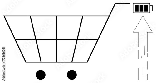 Shopping cart combined with a battery and an upward arrow representing growth, energy, innovation, and sustainable consumption. Ideal for retail, e-commerce, energy, tech trends, sustainability