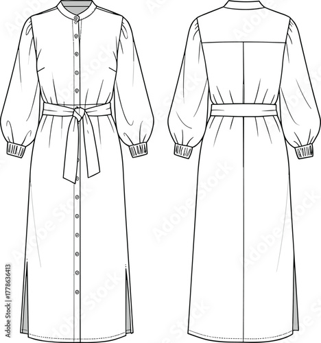 Long sleeve button front belted maxi dress with cuffed sleeves and collar, technical flat sketch, CAD drawing vector template