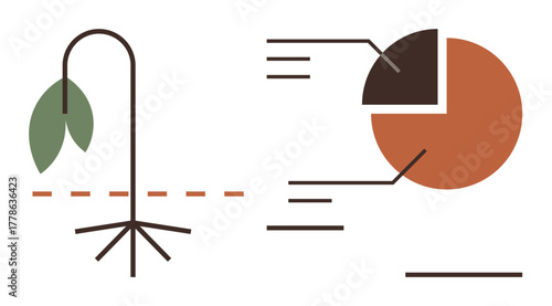 Withering plant alongside pie chart and data lines emphasizing analysis of decline or scarcity. Ideal for environmental issues, data comparison, analysis, progress, growth, sustainability