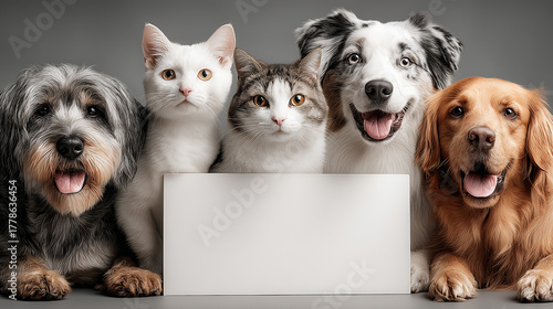 Fototapeta Naklejka Na Ścianę i Meble -  Group of dogs and cats together holding blank white sign, adorable mixed pets posing on gray background, cute animal friendship and advertising concept