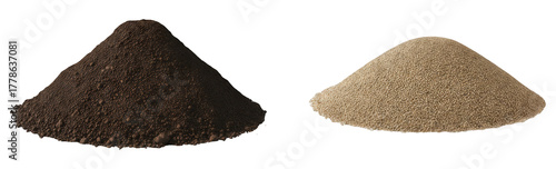 Pile of dark brown soil or compost next to a mound of light tan organic fertilizer pellets or seeds isolated on a transparent background agriculture gardening