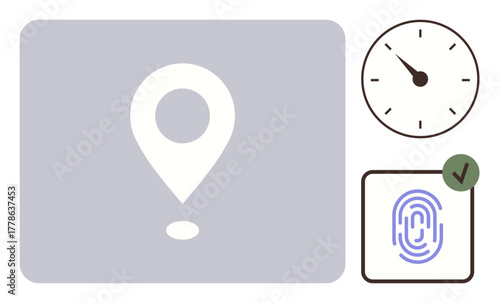 Free Download Location pin, fingerprint icon with verification check, and clock hands suggesting precision, identity authentication, and tracking. Ideal for security, travel, logistics, time management - GFXLoad