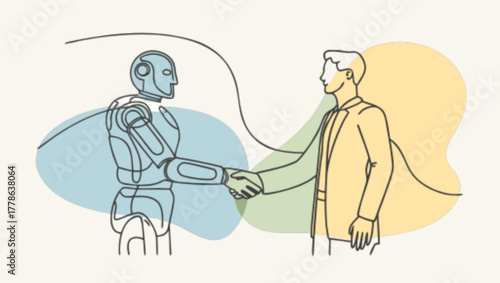 Robot and human shaking hands, a symbol of unity