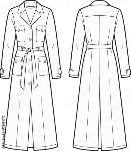 Long trench coat, belted waist, button front, flap pockets, cuff straps, classic fashion, women’s outerwear, CAD drawing, flat vector illustration