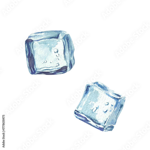 Ice cubes watercolor painted realistic illustration. Blue, square two piece of ice cubes hand drawn clipart isolated from white background for drinks menu, cocktail, juices and lemonades price list.