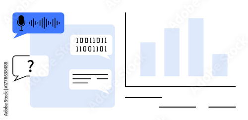 Microphone with voice wave, speech bubble with binary code and text, adjacent to analytics bar chart. Ideal for data analysis, voice recognition, AI communication, tech tools, digital transformation