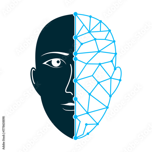 A split human face illustrating the intersection of human identity and digital technology, represented by a solid silhouette and a geometric mesh.